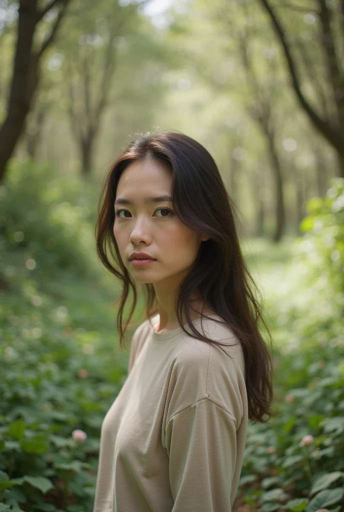 highest quality,masterpiece,32k,realistic,incredibly absurd,Depth of the bounds written、blur background、natural light portrait,perfect female body,Photos of beautiful Japanese women,25 year old girl,contrasting,forest,long hair,black hair,T-shirt,shorts,Happy,