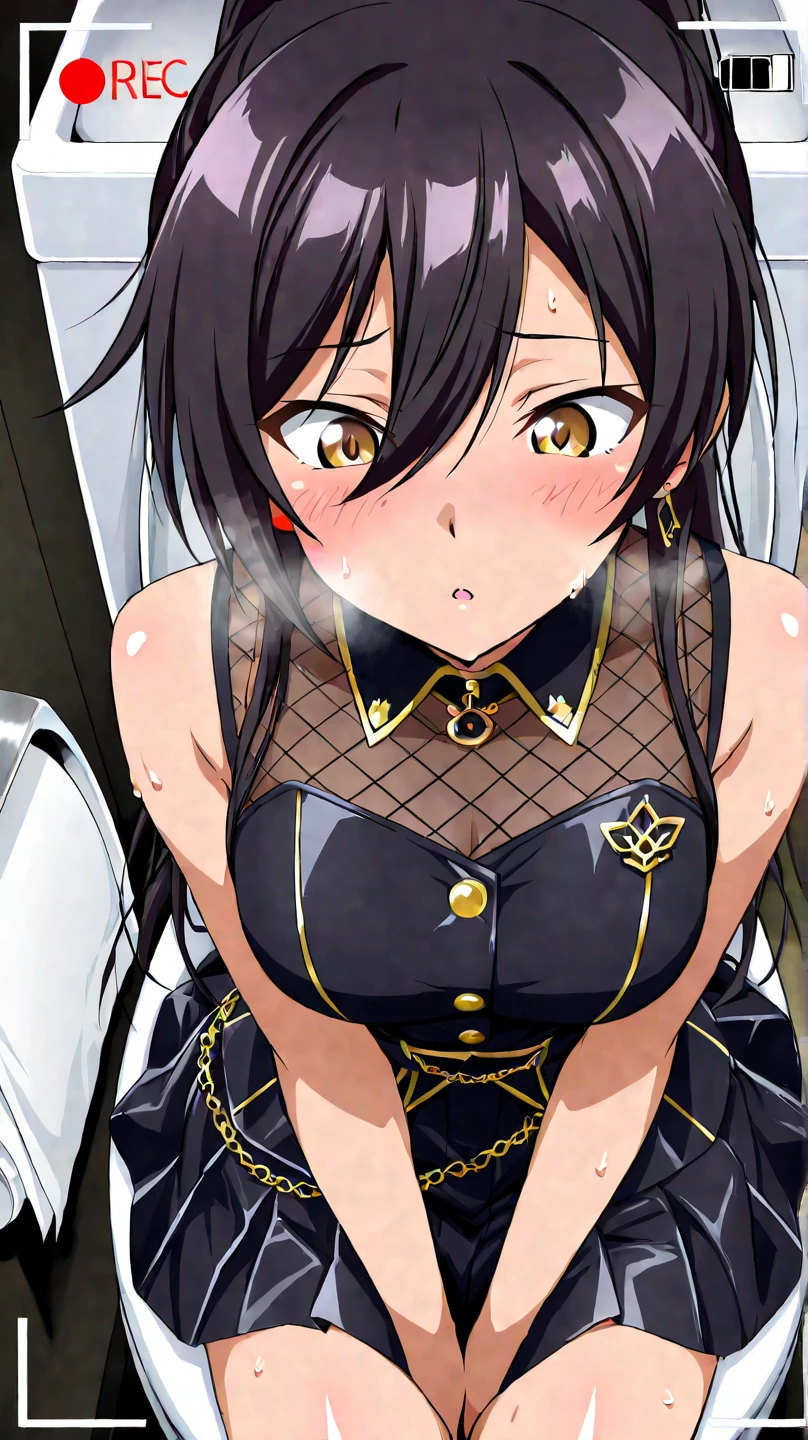 ''(((1boy))), aster nemesis, dark-skinned female, black hair, very long hair, yellow eyes, flat chest , twin tails,(((looking below))), , , tanned body,, ,,,,(((Sweating))),,(spoken heart),(((maid costume))),miniskirt,thighhighs,,mansion,(((fel,,from above,pov