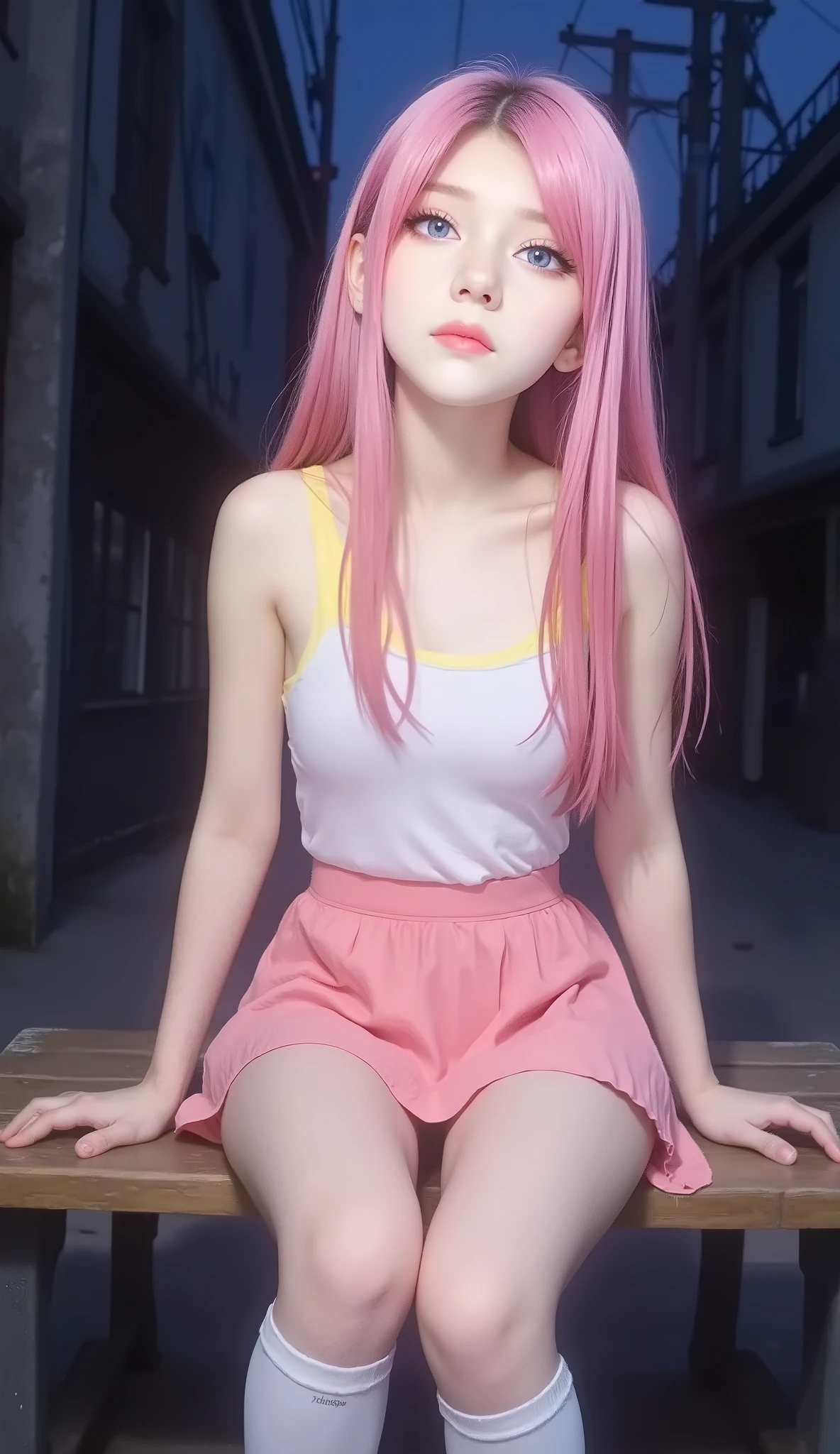 very beautiful & cute anime girl with long pink hair & blue eyes, wearing a pink skirt & a white sleeveless seifuku shirt, white knee-high socks, sitting on a bench at a dark urban backstreet, dark night sky, 1girl, solo