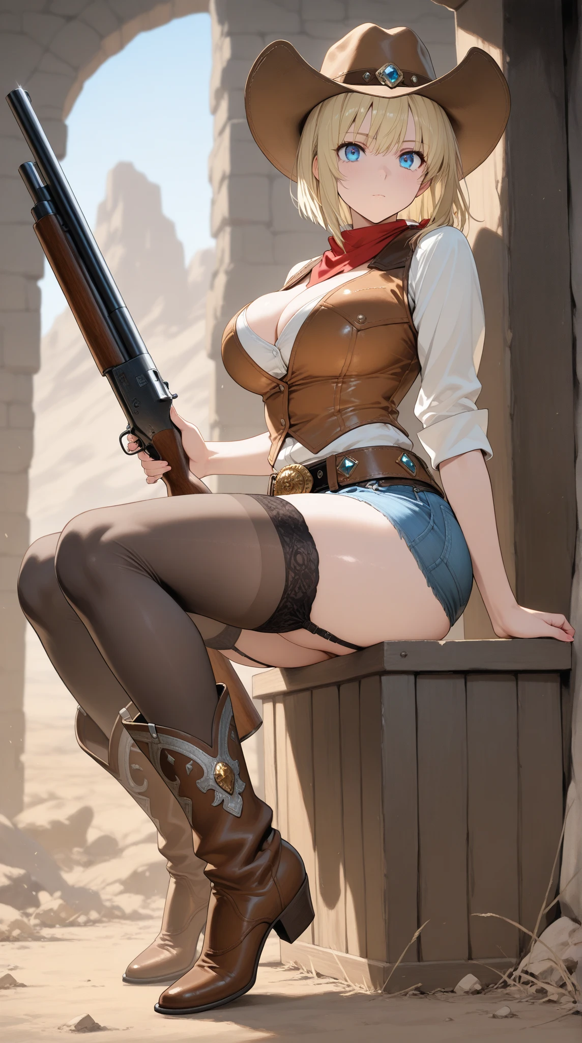 (((1 person:1.0))),(((NSFW:1.0))),(((Nude:1.0))),(((Naked Cowgirls:1.0))),(((Wear a gun belt with a holster:1.2))),((Put the watch on your wrist:1.2))),(((Showing cleavage))),(((Exposed thin inner thighs))),(((Small breasts:1.1))),(((Bare arms))),(((Put on your boots:1.3))),((Blushed:1.8)), Beautiful detailed girl, Very detailed目と顔, 緻密でBeautiful Eyes, Very detailed, High resolution, Highest quality, masterpiece, Very detailed, 8k wallpaper, wonderful, finely, Highest quality,(Standing in front of a wooden wall),Beautiful Eyes,((Engage your audience:1.2)),((Full body shot:1.3))),((Front shot:1.2)),((Place your right hand on your chest:1.2)),((Drinking whiskey:1.2)),(((Drunk,Cry:1.2))),(((Are standing:1.2)))