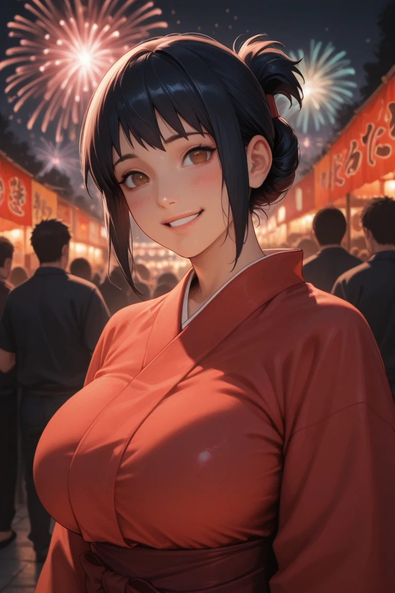 (High quality, High resolution, Fine details), A prostitute wearing a kimono, solo, curvy women, sparkling eyes, (Detailed eyes:1.2), smile, blush, Sweat, Oily skin, shallow depth of field
