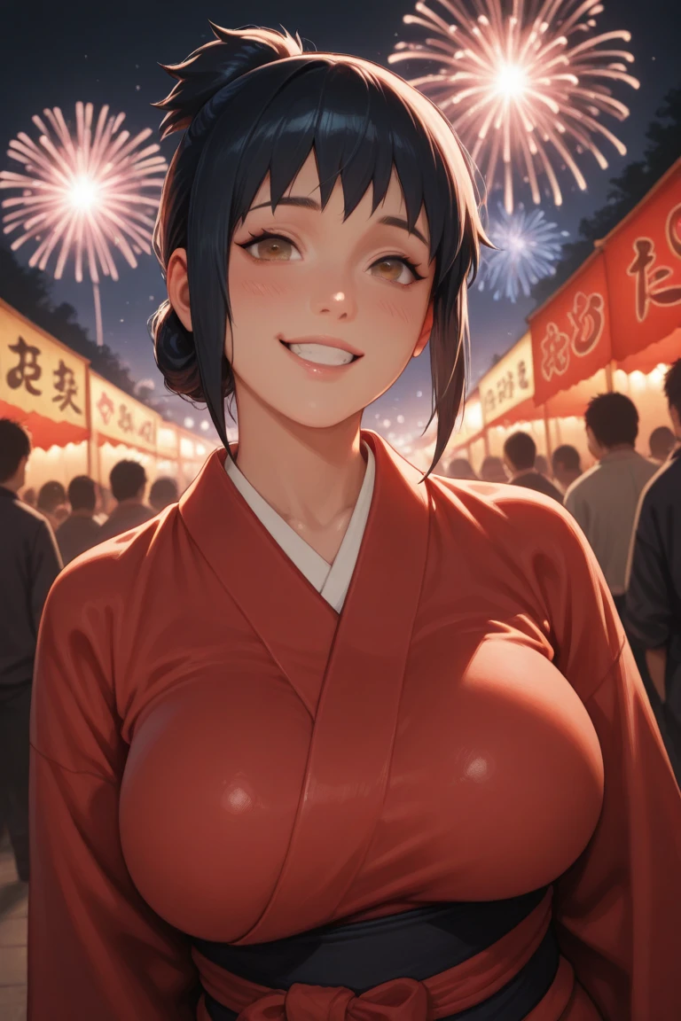 yukata,yukataがはだける,Excited,woman,Big Breasts,festival,Goldfish scooping,high quality,anime,