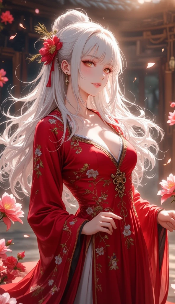 Long gray hair,one-girl,Lori huge breasts cleavage,14 year old girl,Beautiful dress,Red clothes,Exquisite jewelry,Exquisite Hair,delicate leg,detail in face,having fun,Oyuki,exteriors,snowflakes falling,gold eyes,(Small breast),(little breast)