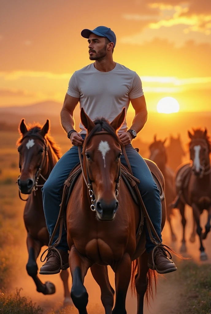 Two handsome young men, with beautiful faces and fair, smooth skin. One is light-skinned and the other muscular, shirtless, with short black hair. They are riding a horse together, on the same horse.