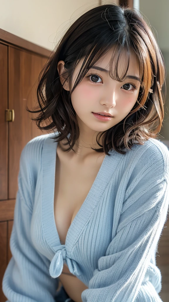 masterpiece, highest quality, 8k, 20th Generation, Large Breasts, cute, alone, sad,cute、lonely、 cute, Girlish, Delicate girl, Pure beauty, RAW Photos, Professional photography, Head to knee photo、, Soft Light, Professional Lighting, Backlight, Upper Body, avert your eyes, Sophisticated, Film Grain, (Eyes and facial details:1.0), Short floating hair, Beautiful, flowing hair, bangs, T-shirt and greyish blue cardigan、(Large Breasts:1.0)、Saggy breasts、You can see a little bit of the chest、Voluptuous thighs