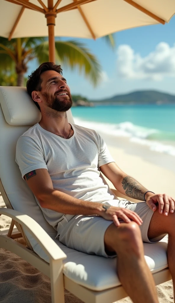 Messi is laying in a luxury sea beach