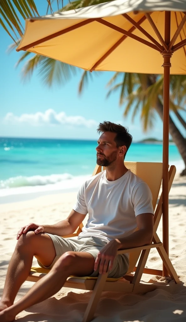Brad Pitt,de sunga rosa. Deitado em uma cadeira de praia descansando. Olhando para o mar,sex. Suado. Sol