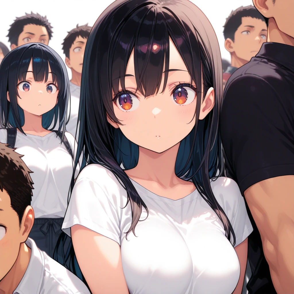 A girl with short black bob hair and modest pubic hair is crying and screaming in desperation as one male student holds her in a headlock from behind while another student tears her blouse open, exposing her bra and panties.、Standing posture