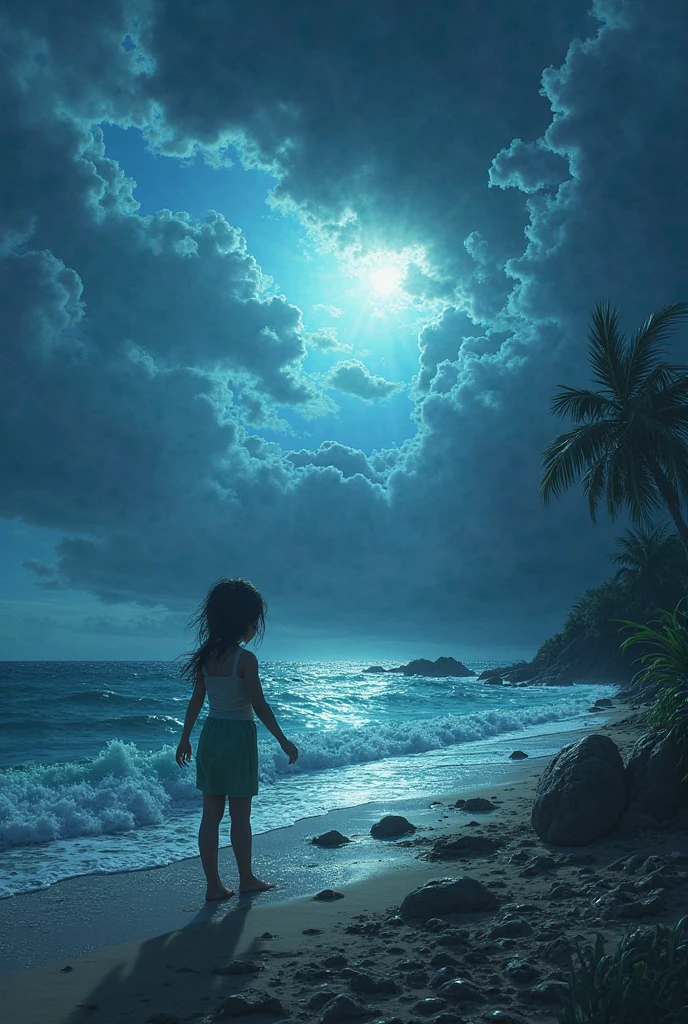 When my mother goes to dig for oysters in the shade of the island,
The baby was left home alone,
To the lullaby that the sea sings,
I cut my arm and fell asleep.,