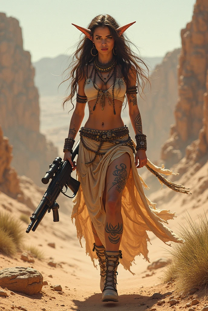 Transitioning to a desert landscape at sunset, a lone figure, a beautiful woman emerges wearing nomadic, post-apocalyptic clothing. Layers of tattered fabric, unconventional accessories, and a weathered look create an aura of survival and resilience.