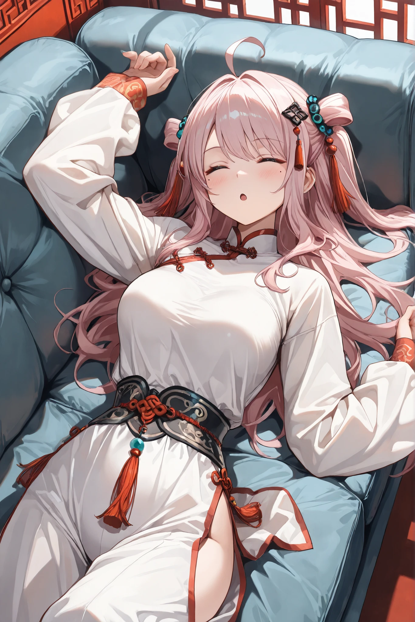 ((Masterpiece)),((best quality)),((incredibly absurdres)),((8K)),
1 girl,solo,younger,,kawaii,baby face,lanzhu zhong, long hair, bangs, blue eyes, pink hair, ahoge, sidelocks,two side up,mole under right eye,medium breasts,BREAK,
red,chinese clothes,Chinese pattern,sleeves past wrists,white baggy pants,BREAK,
:o,(closed eyes:1.2),BREAK,
sleeping on sofa,lying,on back,inner thigh,hand up,Weakness,BREAK,
indoors,chinese style architecture,Chinese pattern,living room,(black sofa),red tassels on the wall,BREAK,
from above,upper body,BREAK,