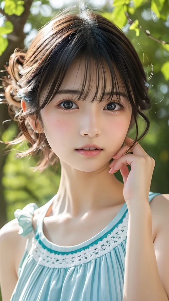 (Beautiful 14 year old Japan woman), Cute Face, (Deeply chiseled face:0.7), (freckles:0.6), Soft Light,Healthy white skin, shy, (Serious face), (Sparkling eyes), thin, smile, uniform, Braiding,(hour々Very sexy tiny bikini:1.4)