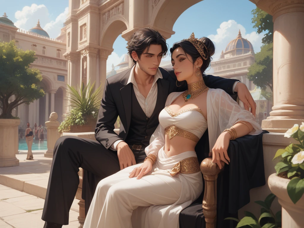 Beautiful brown skin girl, handsome pale skinned man, style: romance, Masterpiece, highly detailed highres best quality, finely detailed