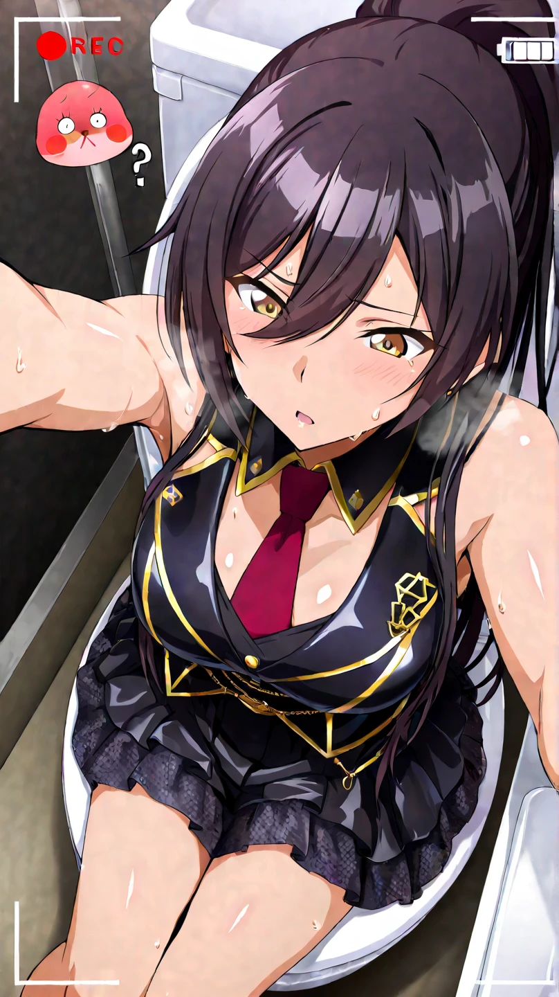 (masterpiece, Highest quality), One girl,    Yunyun,Long Hair,Braiding,Twin tails,Hair between the eyes,Red hair ribbon,hair ornaments,large round breasts,、Pink Skirt、Black Hair、Crown Blade,Black Shirt, Long sleeve,Pink tie, belt, Cleavage cutout、Above the upper body、(blush:1.2)、Young face、indoor、(Kiss the viewer)、((Close your eyes:1.5))