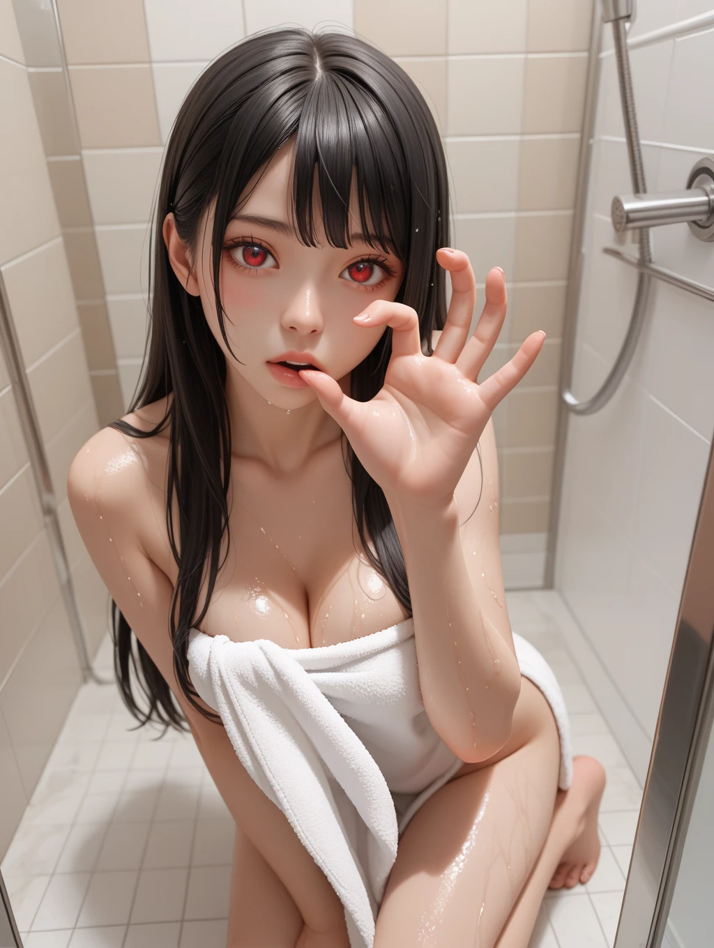 (((best quality))),(((nsfw))),An illustration,anime,1 female,Black Hair,Brown Eyes,bangs,medium hair,straight hair,looking at viewer,shower room,medium chest,((Completely naked)),sweating,25 years old,No pubic hair,Height: 165cm,full body,cameltoe,erect nipples,some perfect pussy,cum in pussy,after sex,show pussy,slender face,ahegao,Lying,