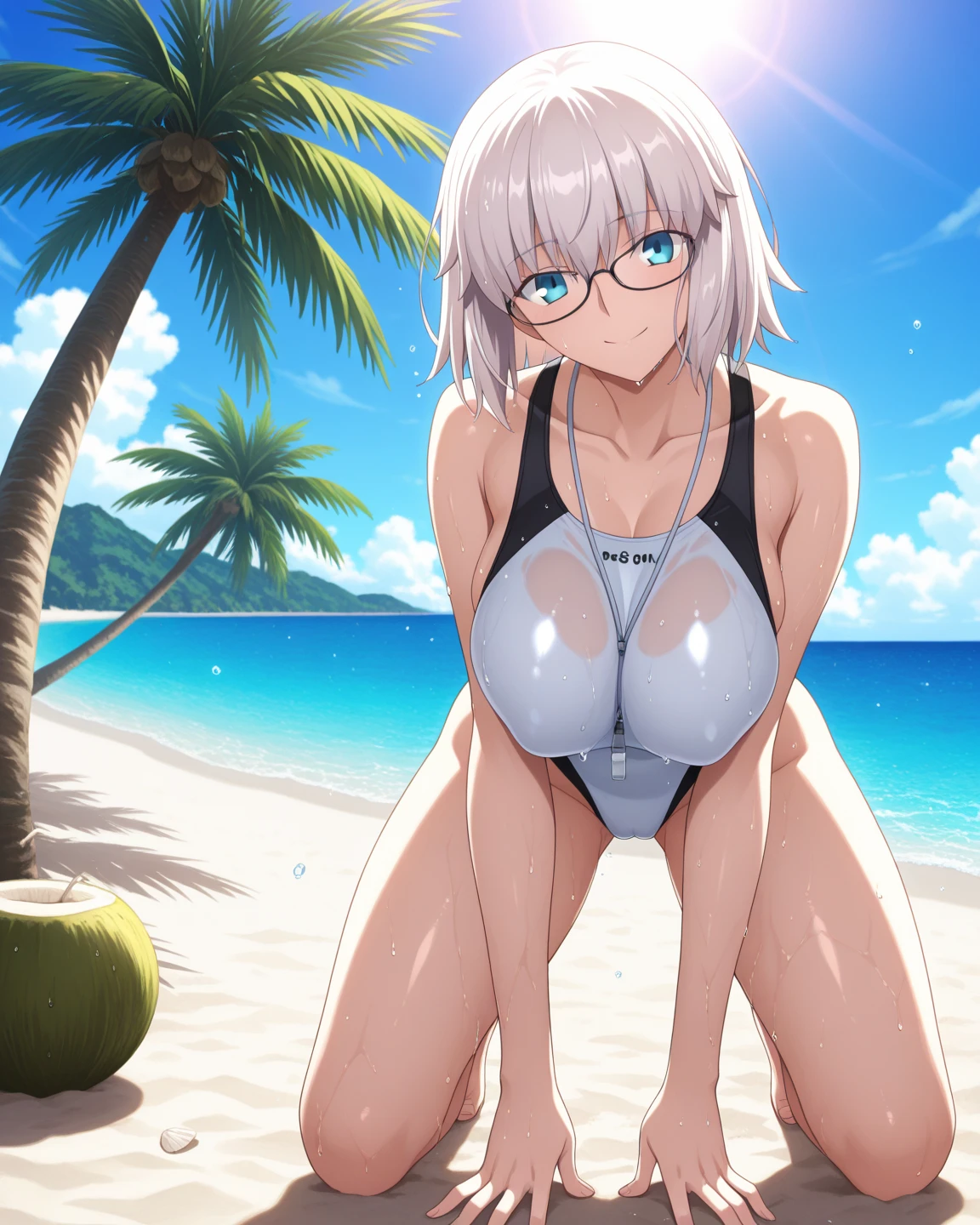 High level image quality best image quality 8K adult woman night pool party rain palm trees more colors white body portrait bikini horn ears short hair((shortcut)(gray hair)(perm)(fluffy)) eye color is blue , , attractive evil face , smile , sexy pose , labrynth , barearm , wearing white shade shirt , sitting by the pool , crossed legs , all wet , view from below