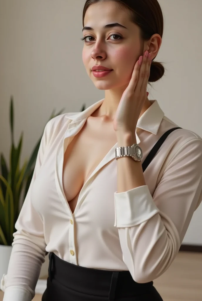 RAW photo, 35 year old polish woman wearing unbuttoned white business shirt with dark jacket, visible black lace bra, cleveage, smirk, messy bun, slim body, at home, designer, holding a laptop, detailed face, blue eyes,standing full-frontal, Full-length, Body and head directly in the photo, dark black background image, elegant and elegant, facing the viewer of the photo, Eyes fixed on the lens, The shoulders and head appear in the photo, shallow depth of field, (high detailed skin:1.2), 8k uhd, dslr, soft lighting, high quality, film grain, 20mp, Fujifilm XT3, 80mm, hasselblad
