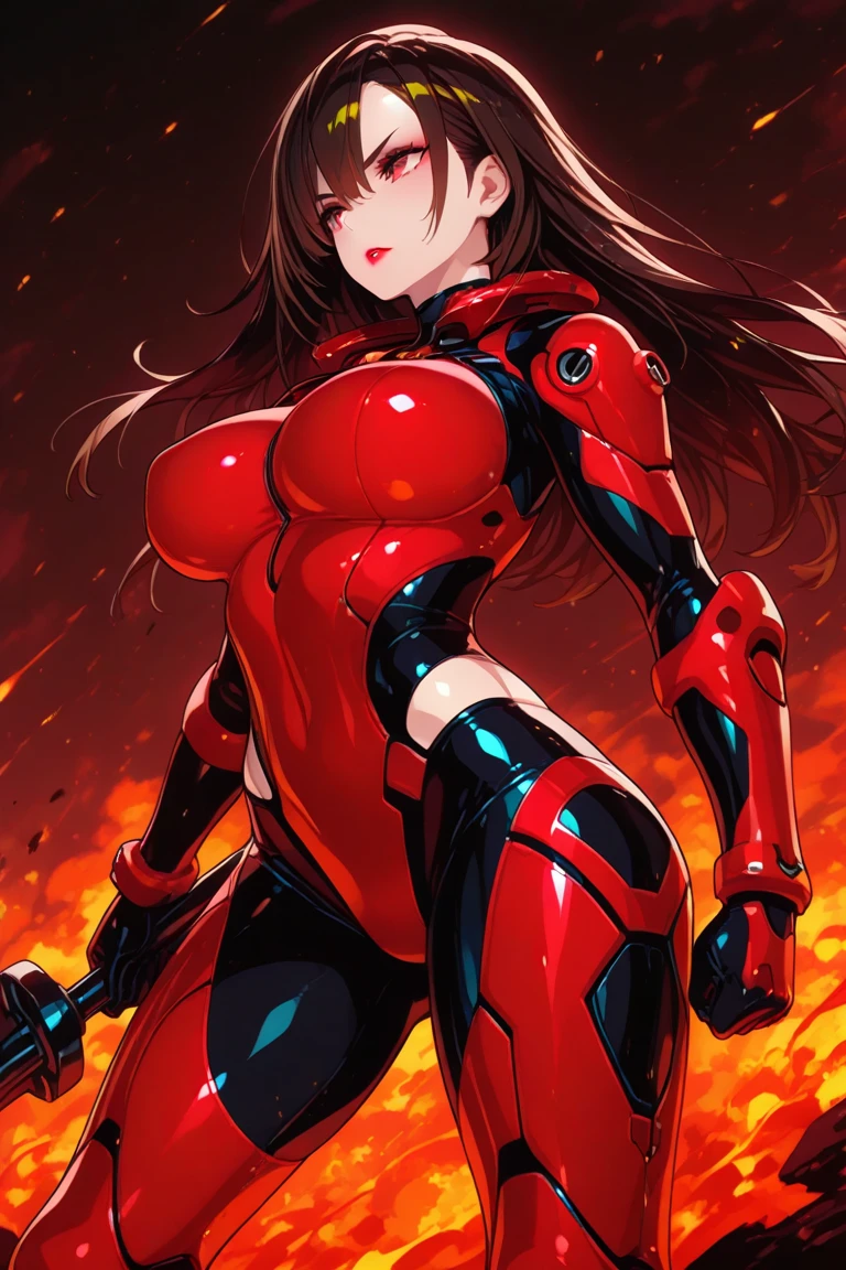 Red cyborg suit、17 years old、beautiful girl、ponytail、Black Hair、fight、blue beam、H Cup、Sparks fly,