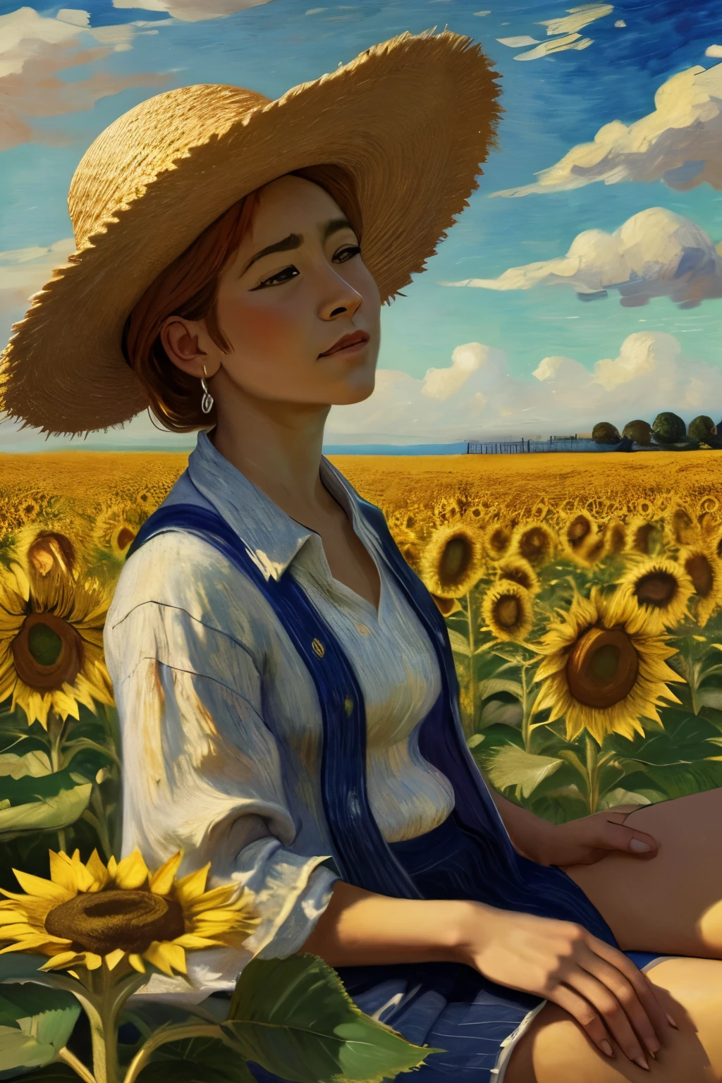 style: Van Gogh (impressionist)
Prompt IA :
“ sitting in a sunflower field wearing a straw hat, type artwork painted in Van Gogh style, with visible brushstrokes and sky full of movement. The scene conveys tranquility and emotion.”