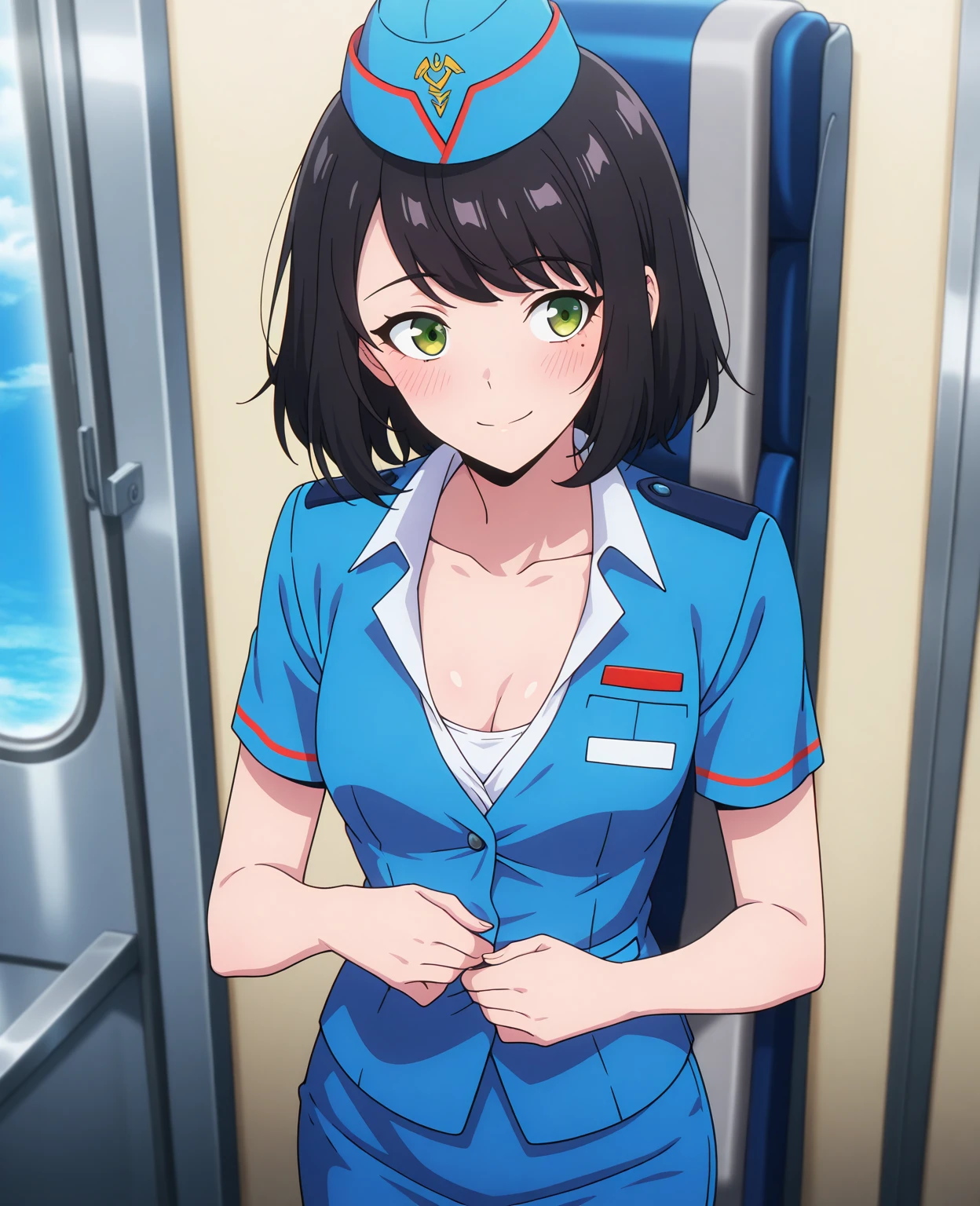 anime screencap, masterpiece, best quality, (cowboy shot), closed mouth, smile, blush, (one girl), (solo), closed mouth, medium hair, black hair, swept bangs, green eyes, mole under eye, SongYi, (flight attendant), small breasts, cleavage, score_9, score_8_up , score_7_up , source_anime, best quality