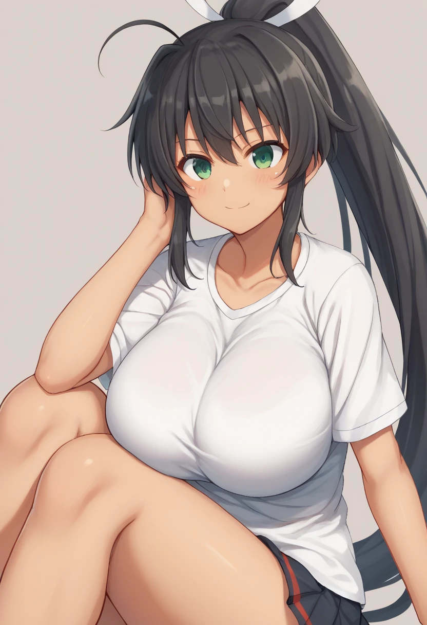 (((masterpiece, Highest quality:1.5,absurdres))),nsfw,ass pov,having clothed sex,30 year old beauty,(dark blue hair),((very small head:1.2)),long hair,bangs,dark blue eyes,gorgeous eyes,blush,drooling,medium breasts,((very long body:1.3)),((toned body,slender body)),skinny,(((tan skin:1.2))),gleaming skin,shiny skin,sweat,((White turtleneck knitwear、Long sleeve、Underboob、navel、Beige shorts、Love juice、orgasm)),White sneakers、(vagina,vagina penis),sitting、on back,,spread legs:1.2,table、Coffee shop、Tokyo、