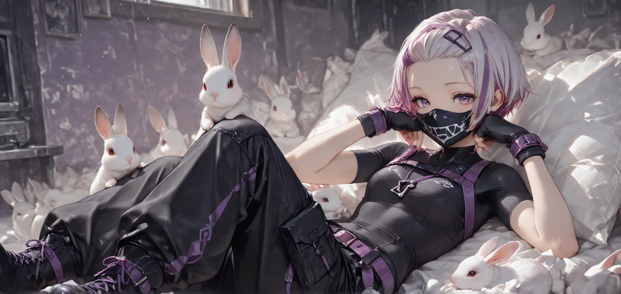 score_9, score_8_up, score_7_up, score_6_up, score_5_up, score_4_up,
4K, 8K, white_hair, Purple_hair, multicolored_hair, two-tone_hair, (streaked hair), cute Rabbit,
1girl, alone, smile, asymmetric short hair, ((slicked-back hair)), He has a black mask over his mouth, Black short sleeve Compression Shirt with a silver "Z" pattern across the chest, black baggy pants, She wears black and purple wrist guards and fingerless gloves.purple belt