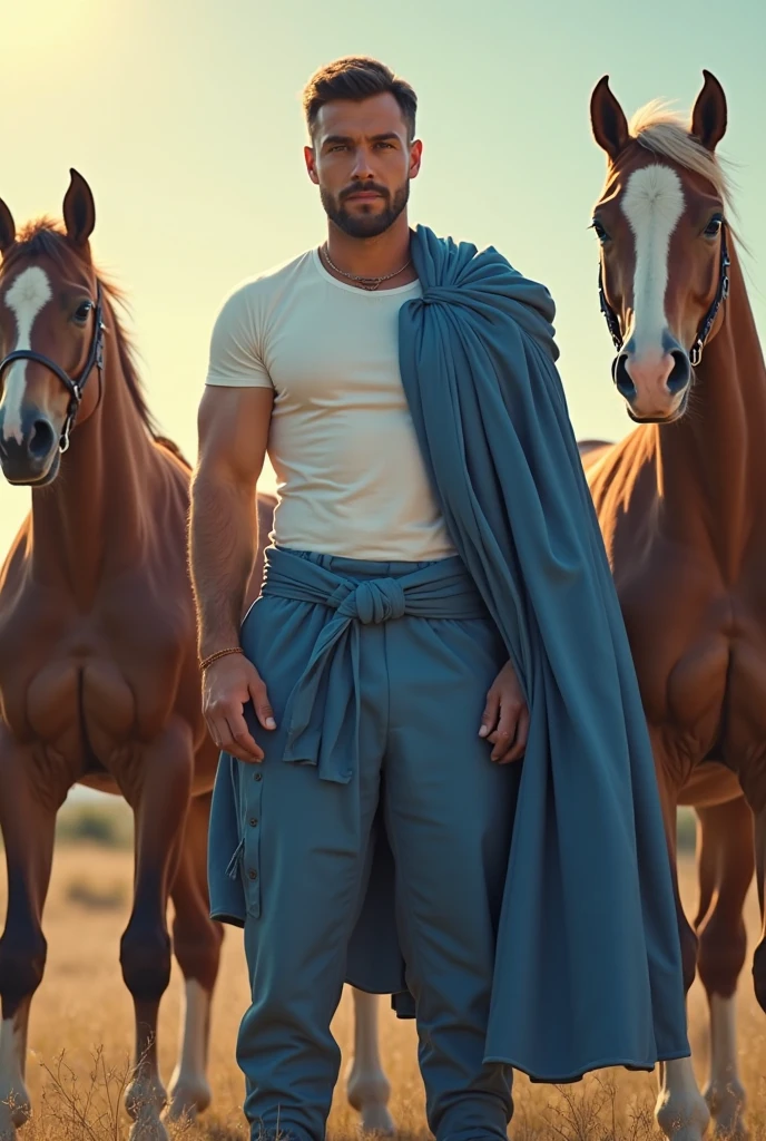 A young handsome beautiful slim shirtless white skinned man in the desert many horse running behind him