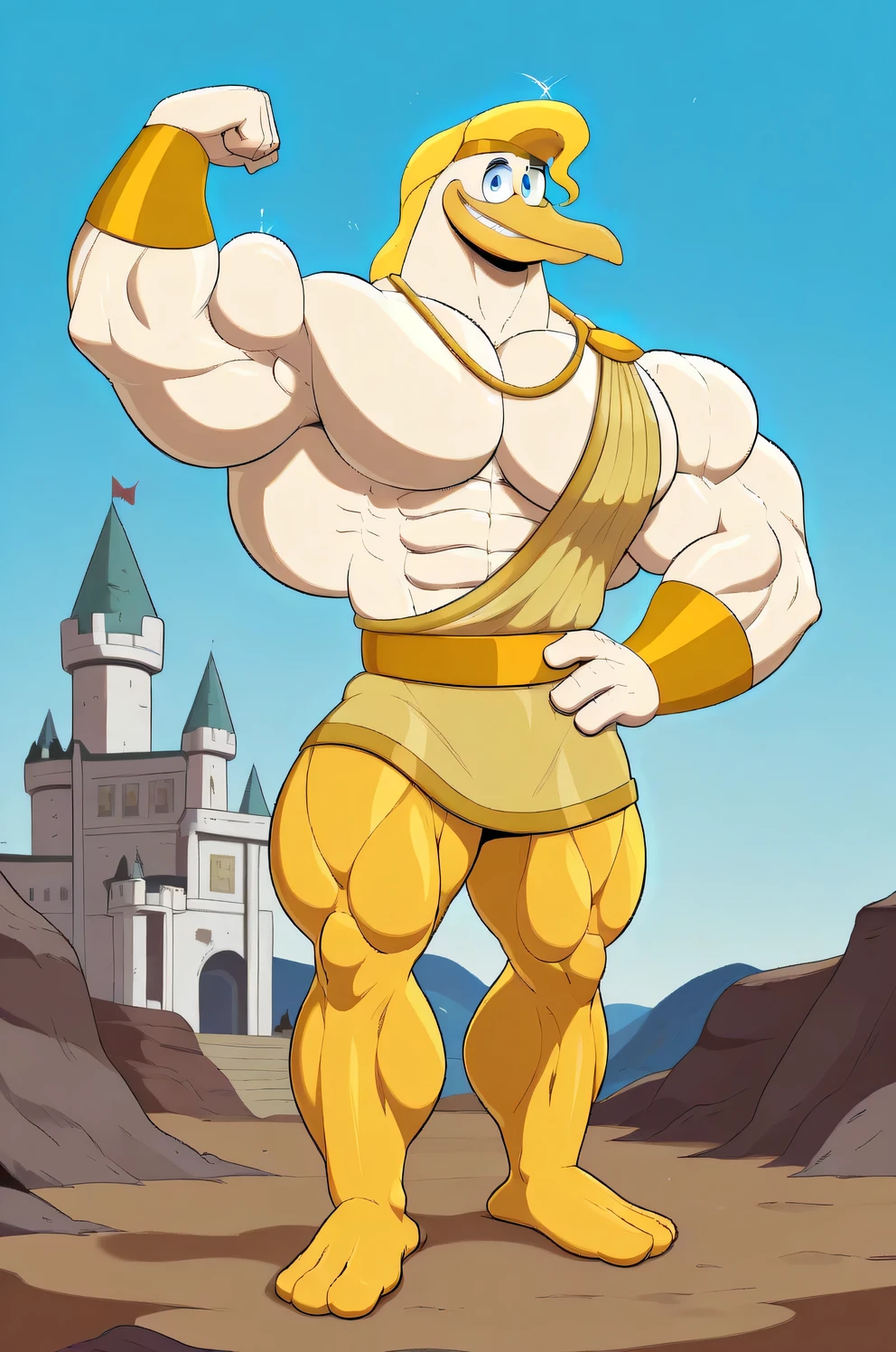 lora:StorkulesV1-10:0.7>,giant strong storkules, bird boy, white skin, golden hair, head band, blue eyes, cartoon, solo, 1boy, male focus, feets, full body, muscular body, bara, abs, toga, golden greek armor, golden chest, golden bracelets, golden necklaces, golden belt, golden saldals, masterpiece, unparalleled masterpiece, (cell shaded), powerful smile expression, teeth, large pectorals, pectorals, castle and village background, blue sky background, bare pectorals, one hand on hip, flexing one arm, ducktales, ducktales artstyle, giant size, macro size, 50 foot size, fairytale fantasy scene.