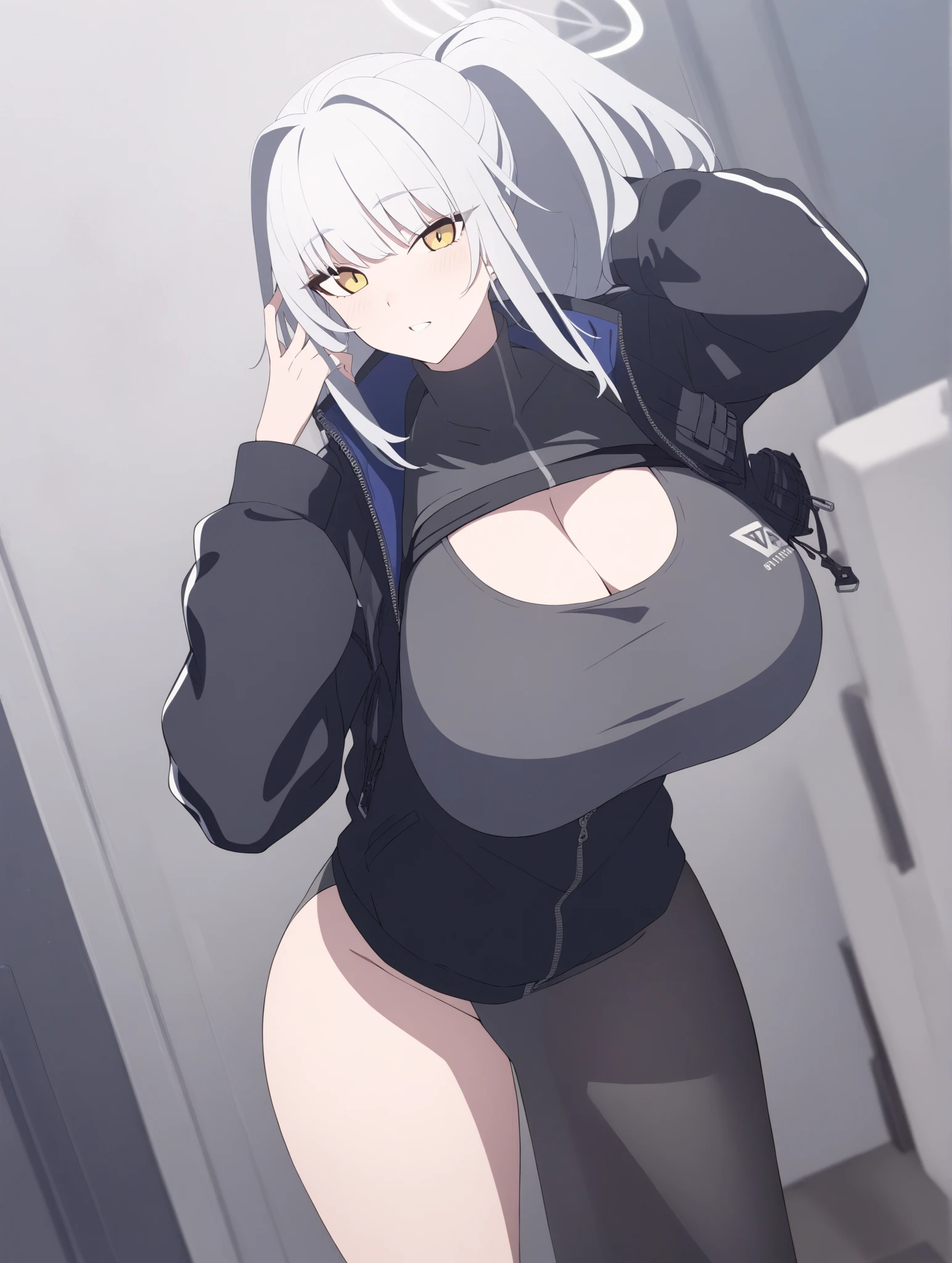 Slim teen girl, huge tits, standing at the middle of road, wearing black purple hoodie with (big oversized metal cyberpunk military power gloves), wearing cyber glasses, neon city, at night, cars, cybernetic horns