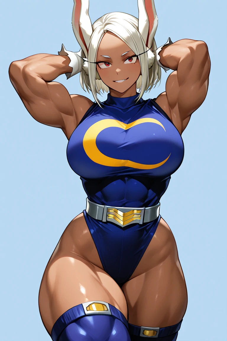1girl, solo, short hair, blue eyes, white hair, ((((muscular)))), abs, (huge breasts), (thick thighs), (angry), looking at viewer, ((pale skin)), (cleavage), from below, (curvy)