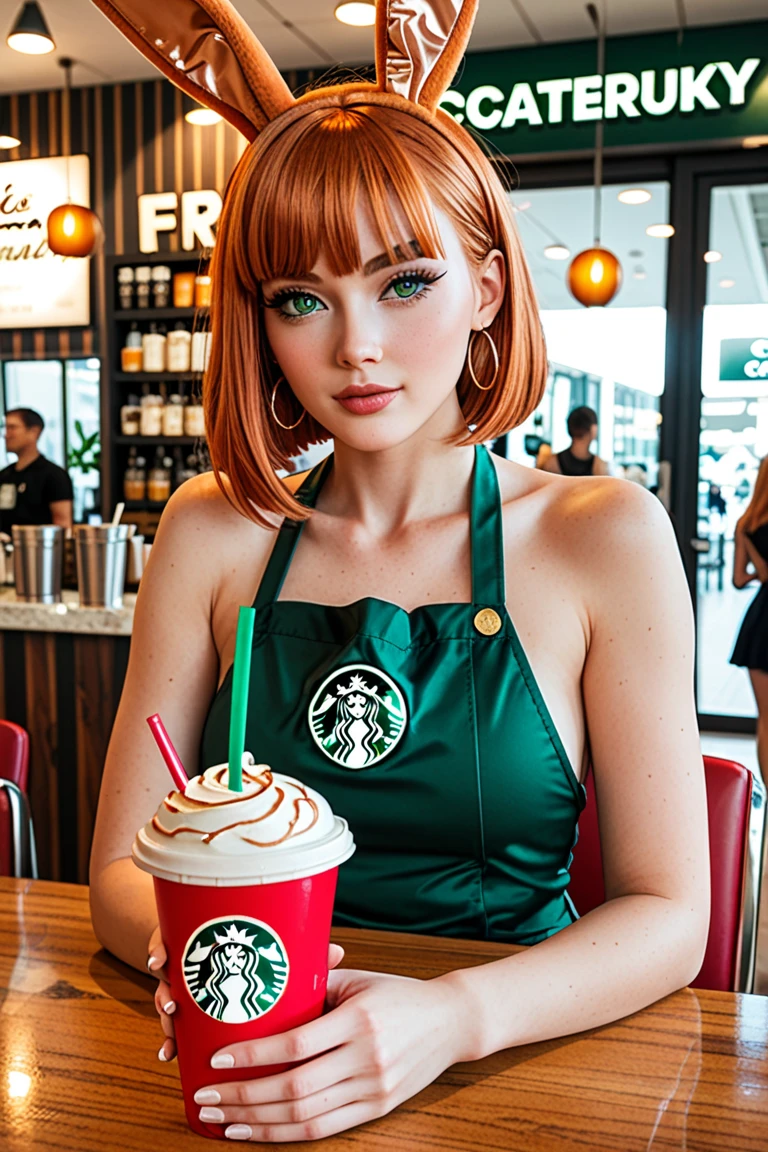 source_realistic, photo,
frankie foster from Foster's Home for Imaginary Friends holding a cup of coffee in a coffee shop