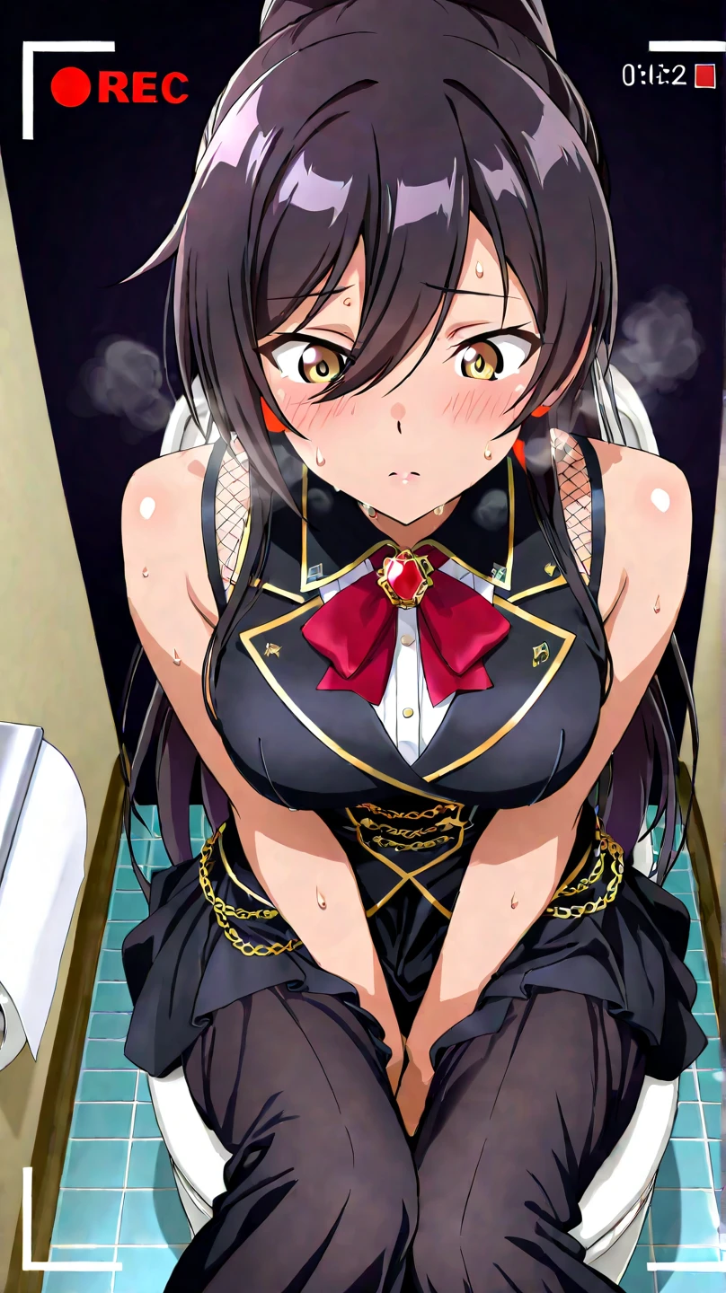 1girl, aster nemesis, ((dark-skinned)) , black hair, very long hair, yellow eyes, , twin tails, looking below, , , tanned body,, ,,,,,(spoken heart),(((maid costume))),miniskirt,thighhighs,,,smile,((huge breasts)),on sofa,nsfw,bikini top,(((dynamic angle)))