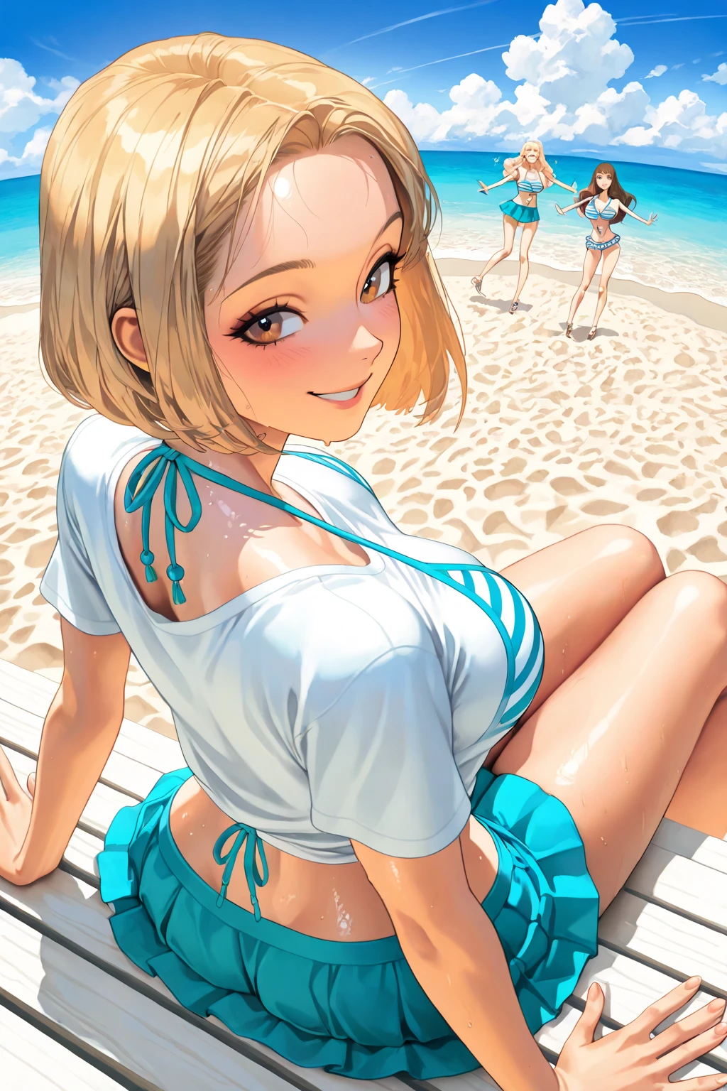 ((masterpiece、top-quality:1.5、a high chroma:1.5、ultra-detailliert、high-resolution illustrations:1.5、Ultra-high-definition CG、8k size wallpaper、offcial art))、((2guys、twin sisters)),(yuri),(cute face:1.5)、(clear face:1.3),(Shining eyes:1.5),()
((Blue-only scheme bikini:1.5)), ((yellow-only scheme Bikini:1.5)),(sexy body),((One is only Blue and the other is only yellow:1.5)),(),(), ((medium breasts))、
,(Background is bright colors, summer beach)、midjourney