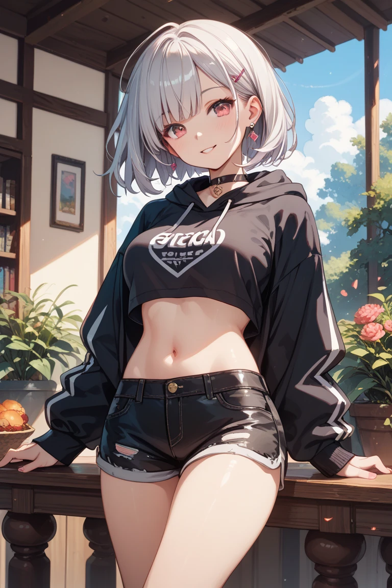 1girl,Este personaje de anime es una adolescente con cuernos de 2 y 13.2 centimeters high and 1.28 centimeters thick. Its horns are located on the upper left side of its head and show traces of its former life as a Hollow helmet..
Tiene el pelo 4.78 gris 3.45 Short white hair Her breasts are small, con una altura de 2 y 1.5 centimeters high and a thickness of 1.10 centimeters. He is 14 years old jeans black glasses, (sudadera con capucha).