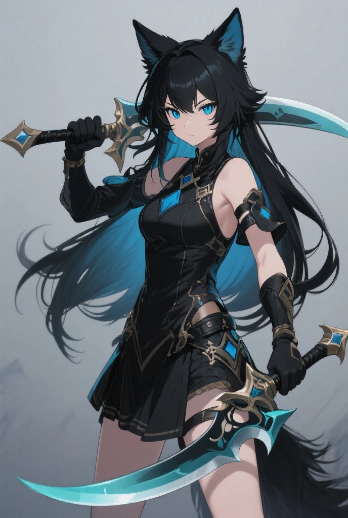 Rinoa, from Final Fantasy 8, wearing a dark blue dress armor, with a blue and black gunblade