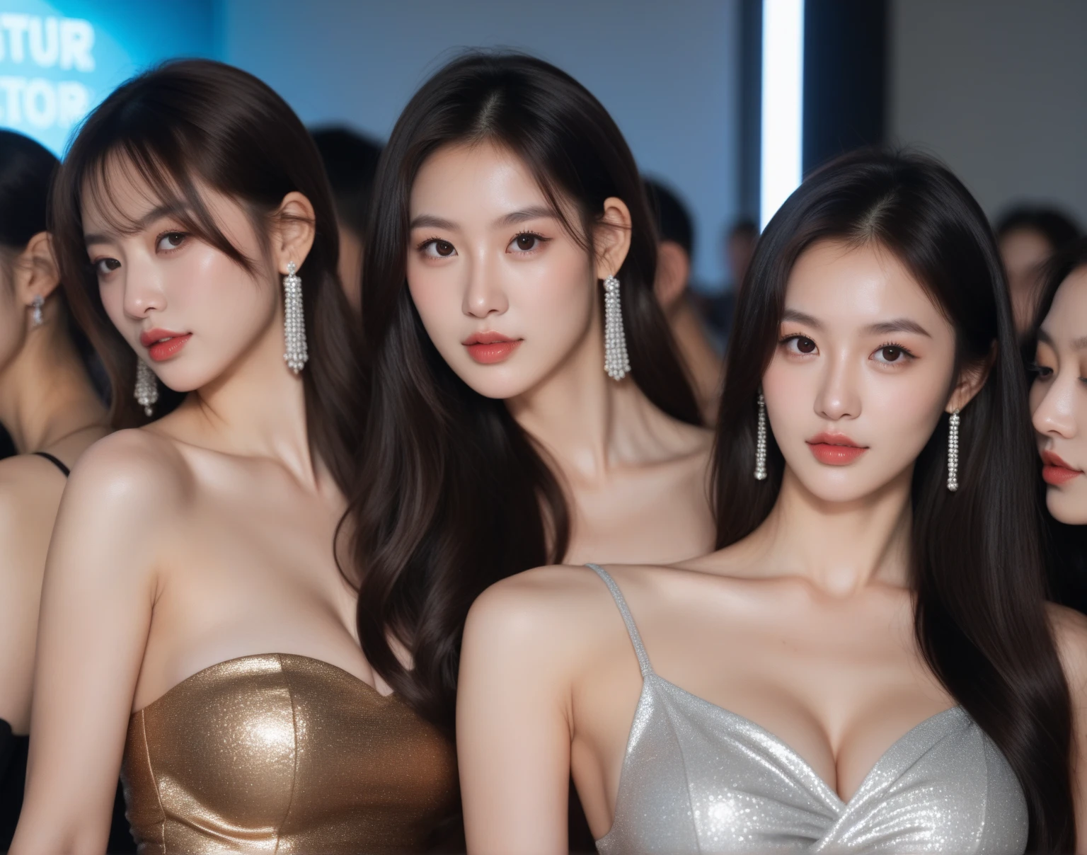 (Highest quality、Ultra-high definition images、32K、masterpiece:1.3)、(Beautiful woman:1.2)、(5 girls:1.3)、(Child dress with a wide open chest、Deep slit)、Hong Kong cityscape、ponytail、Highly detailed face、Lips Detail、Detailed Eyes、double eyelid、Saggy breasts、Happy smile、Bright photo