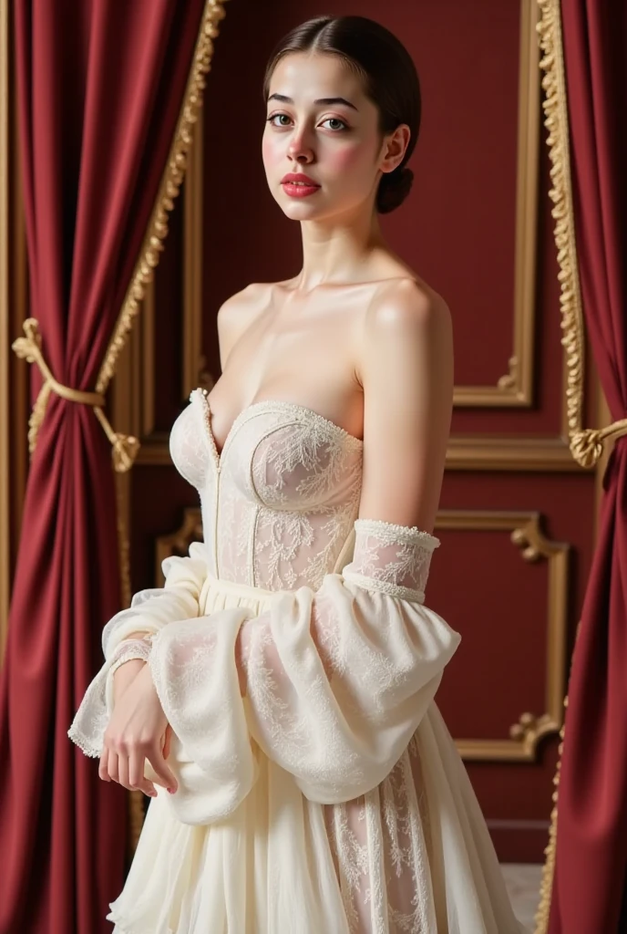 Create a portrait of an elegant woman in an early 20th-century Parisian café, embodying the Belle Époque era. She should be dressed in a sophisticated, flowing dress with intricate lace details, her hair styled in a loose updo adorned with a feathered hat. The background should reflect the art nouveau style with stained glass windows casting colorful light, wrought iron furniture, and lush indoor plants. Capture her in a moment of contemplation, with a slight smile, holding a porcelain cup. The lighting should be soft, mimicking the natural light of a cloudy afternoon, with subtle highlights to emphasize the textures of her attire and the ambiance. Use a technique that blends photorealism with a painterly touch, reminiscent of the works by Toulouse-Lautrec but with modern clarity.