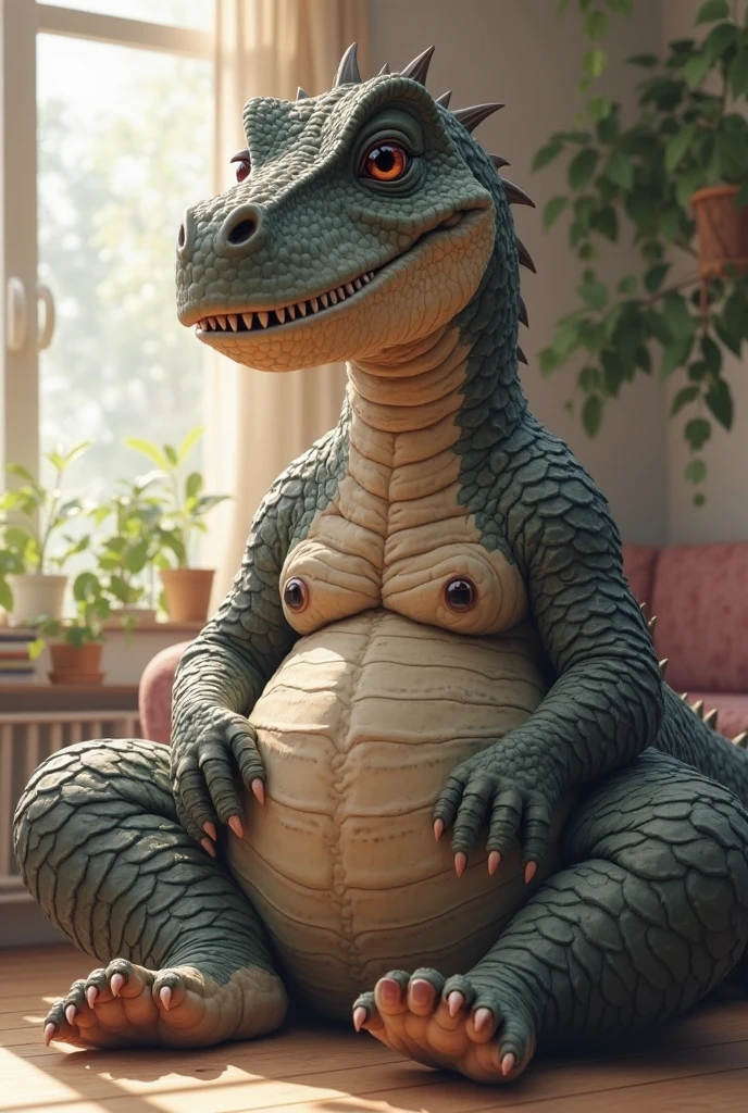 Lizard, scalie, by bebebebebe, female, light green body, large legs, big breats, small waist, sitting, bed, eyes closed, slepped, streaching, close view, room