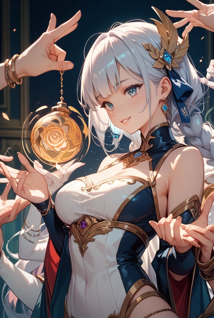 A beautiful girl inventor,An alchemist with white hair, one golden and one blue eye, and large breasts.