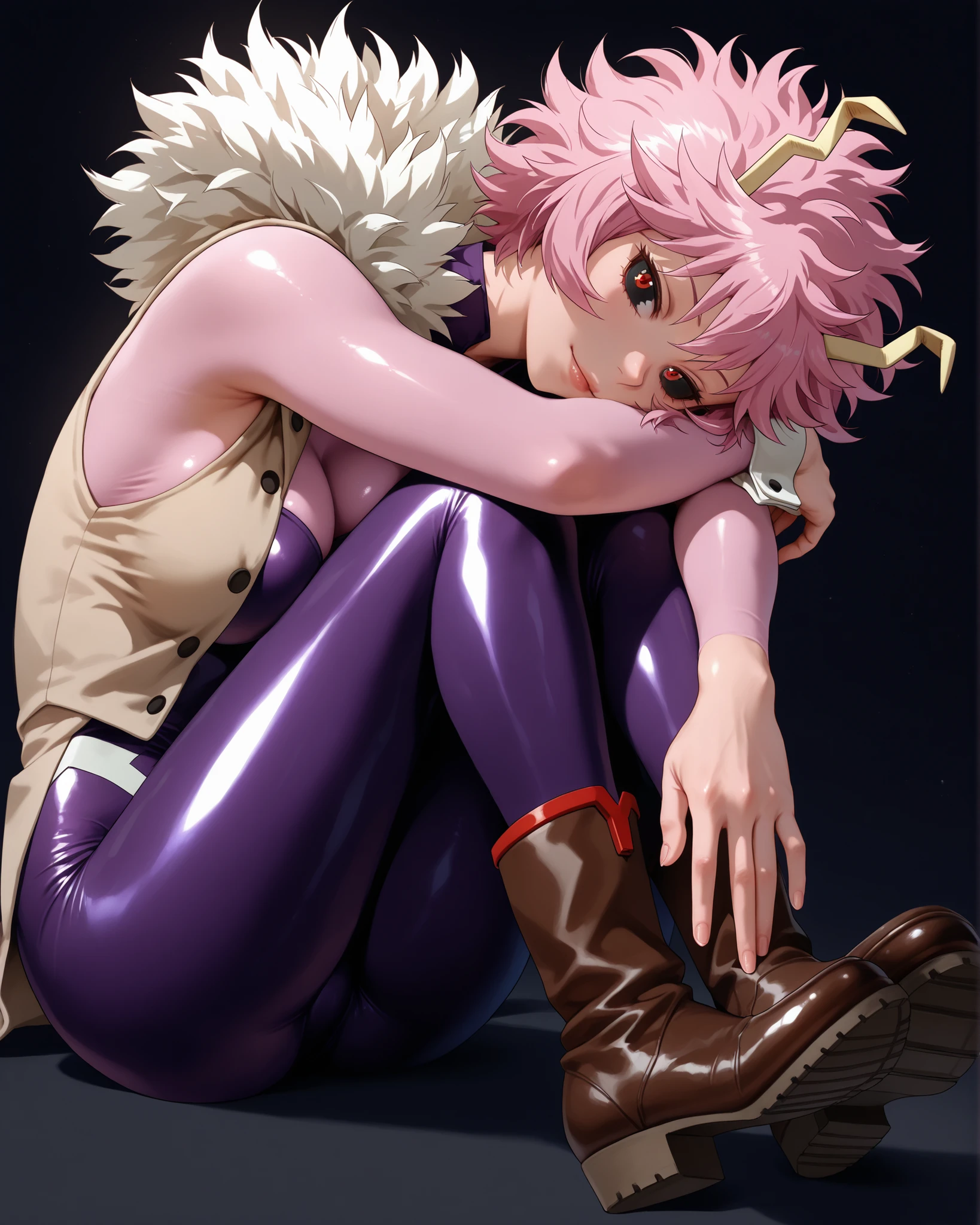closeup, Sluisap, eyes、usnr、GBF_style、748cmstyle、32K、Semi-realistic、 super detailed description 、Artwork、Original Works、 detailed color、 detailed eyes、 detailed lips 、 The Greatest Masterpiece、Professional work, normal Breasts、My hero Academia chracter, Mina Ashido, Mina Ashido, sexy , ( Mina Ashido cosplay:1.3), shiny body, (perfect fingers:1.3 ), full frame, full length, seductive pose, black color background, cowboy shot, full body view, knees up, sitting , head resting on arms ,wearing a sleevless skin tight bodysuit, tan vest with fluffy white fur trim, brown boots with tan cuffs & soles , yellow horn , skin and heavy shadowing under her eyes, eyes are yellow irises with black sclerae