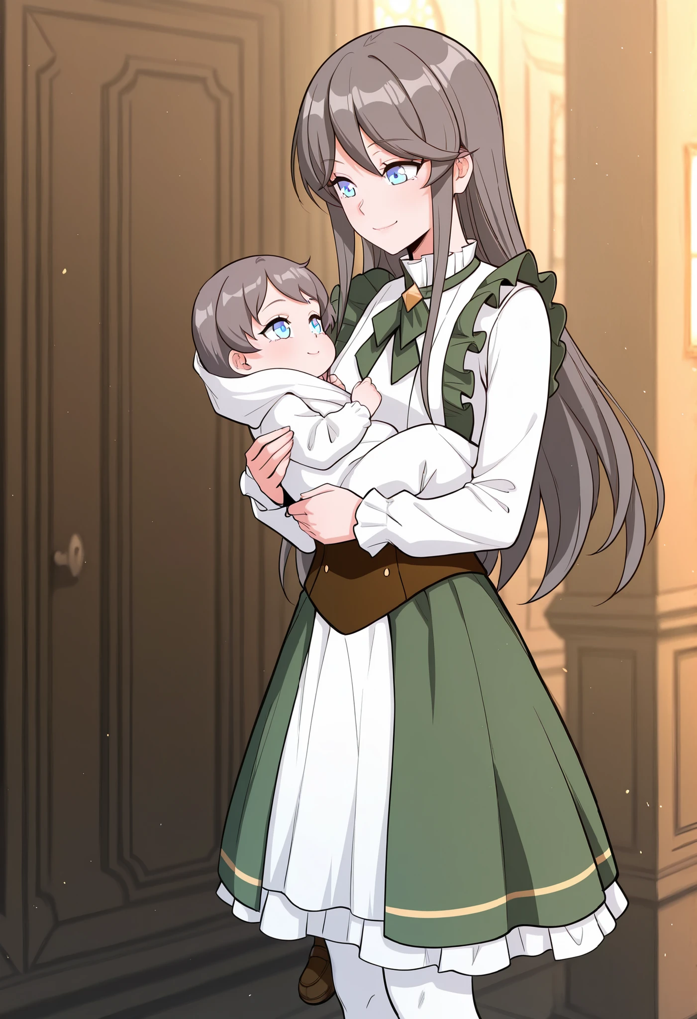 BREAK masterpiece, best quality), amazing quality, absurdres, highres, newest, HDR, 8K, tilly_wimbledon, grey hair, long hair, blue eyes, two-tone dress, frills, long sleeves, brown corset, green neckerchief, loafers, white pantyhose, holding baby, baby, smile
