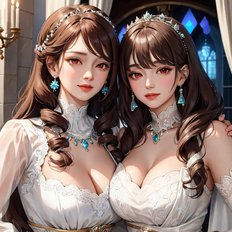 2girls, (2 women aligned:1.2), (confrontation), (looking at viewer), (golden), jewelry, gorgeous, splendid, luxurious, aristocrat, noble, arrogant, goddess, queen, curly hair, forehead, embroidery, white satin dress and gloves and cape, gleaming skin, face focus, (portrait), Simple Background, best quality, high resolution, all intricate, mature women