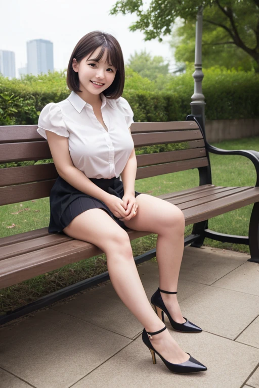(Detailed skin:1.2),(Glowing Skin:1.1), 8k, Highest quality, masterpiece, Ultra-high resolution, (Realistic:1.4), RAW Photos, (Soft saturation:1.3), (色white:1.2), Korean Idol, 27 years old, (masterpiece, Highest quality: 1.2),(Highly detailed face, whole body,The true picture, Realistic Skin, Realistic body, Intricate details),Slightly reddish, (Clean and cool casual wear (white)), whiteいブラジャー, Ultra mini skirt 、Tight Skirt、 sitting on a park bench、(Crossing your legs:1.2、length, Thin legs、Beautiful feet)、Beautiful Face、Brown Hair、short hair, Small breasts, thin、Standing there looking at me、smile、Japanese、Well-formed eyes、Symmetrical eyes、Slender body、I feel like I want to protect you、A clean-cut woman、Flat Chest、 A proper woman, Natural Beauty、 light makeup