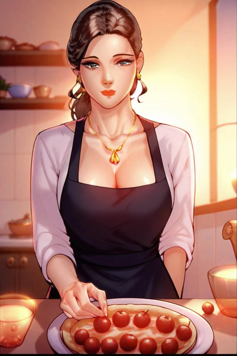 score_9, score_8_up, source_realistic, Realistic photo, photo, real, Realistic, score_9, score_8_up, score_7_up, source_anime, score_9, score_9, score_8_up, score_7_up, source_anime, 1girl, solo, boob window, cow pattern crop top, no bra, big , standing, holding a tray of burned food, gown, cooking, kitchen, azula, front view, looking at viewer, embarrassed, shy, tray on table, arms behind back, blue Eyes