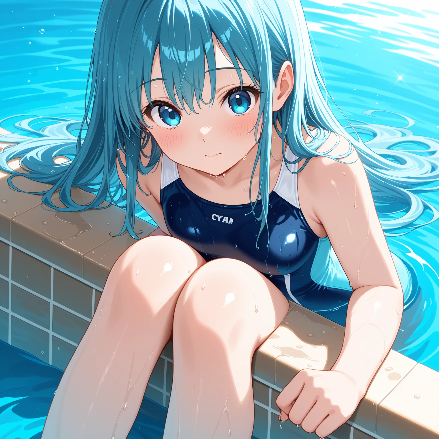 panoramic, (profile Acrobatic style) (High above ground jumping Somersault:1.2, ), (solo:2, 15 yo), (beautiful forehead), (beautiful detailed blue hair long hair), (best cute girl, immensely cute blue eyes, smile, small tits), in a cute bikini, break, in the Large leisure pool, background beautiful water, BREAK, perfect anatomy, masterpiece, best quality, 16k, beautiful detailed grow, daydreaming expression.