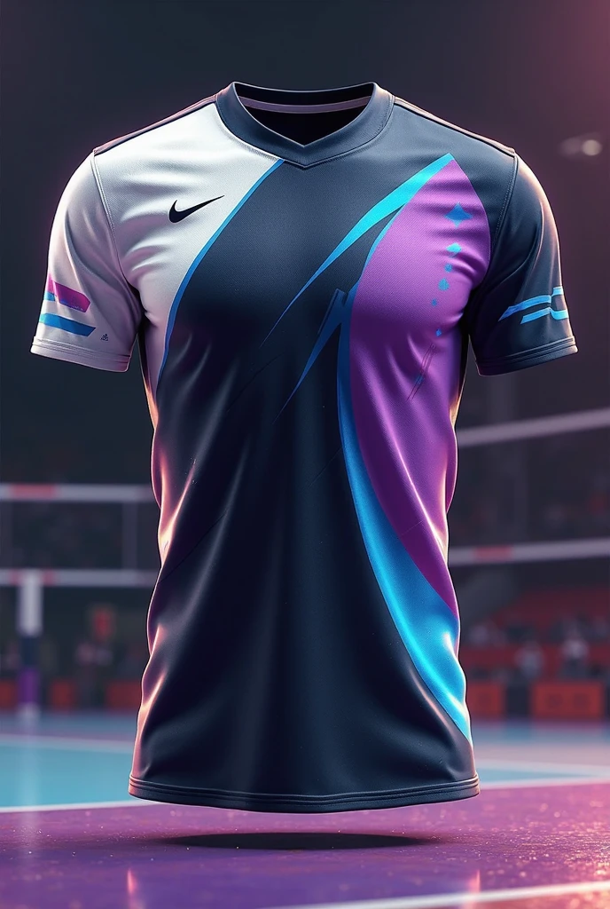 A sports jersey with a white base color and black and purple designs