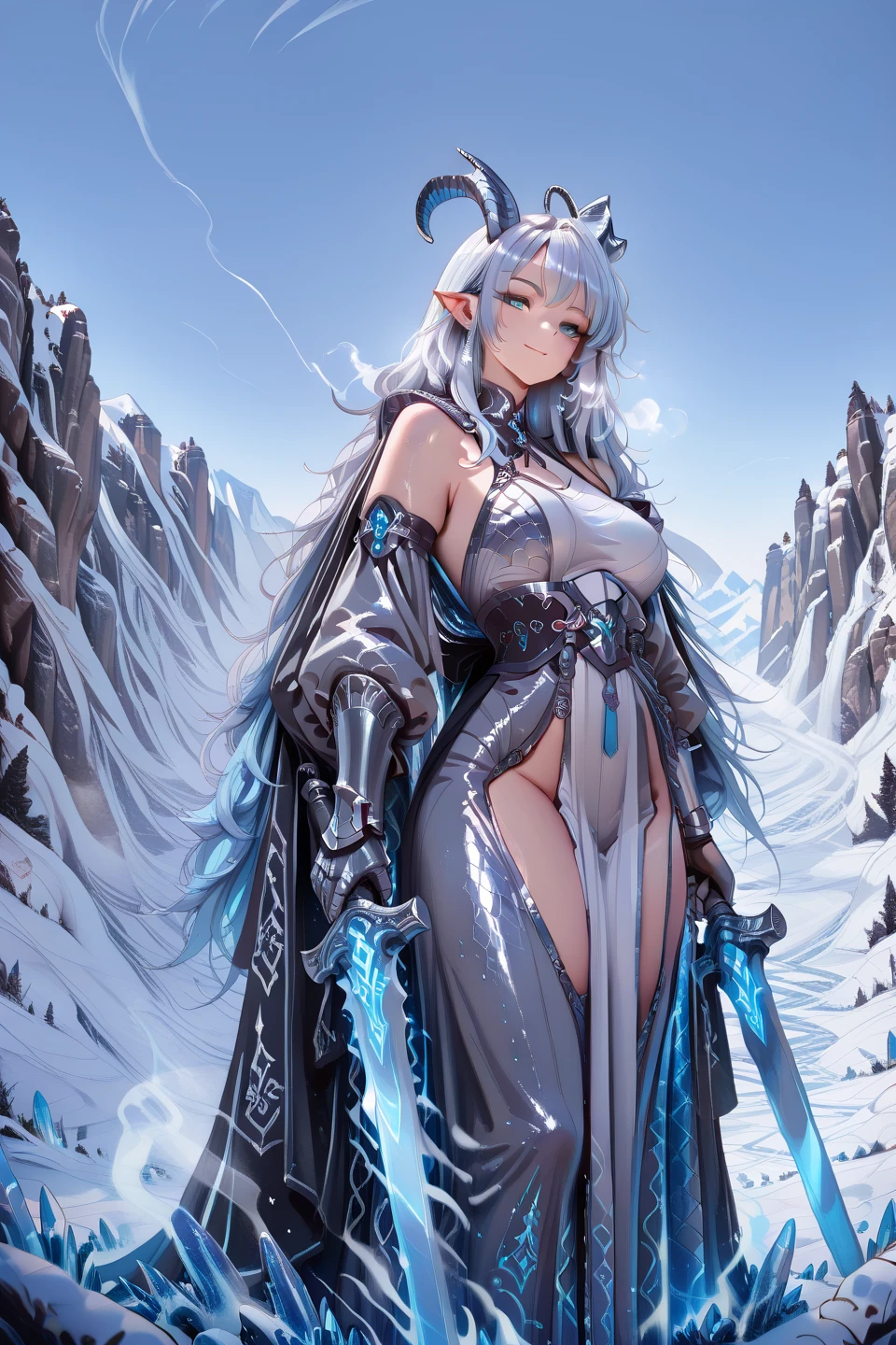 Realistic anime style image, (of a beautiful brown-skinned woman), ((cymetrical face)), ((Perfect beauty)), ((well-detailed blue eyes)), (long white hair tied in a ponytail) , ((long pointed ears)), ((sensual lips)), ((Big breasts)), ((Wide hips)),((thick thighs)), (She wears a white leather dress with a high collar, long sleeves and knee-length skirts, decorated with fine intricate details made in gold) (On her chest she wears a beautiful silver chain from which hangs a silver medallion decorated with fine intricate details), At her waist she wears a wide belt of silver chain, (on his back he wears a thick white leather cape with raised lapels decorated with fine silver details), (the cape is tied by two round silver brooches joined by a platinum chain, he wears thick white leather gloves on his hands , white low-heeled knee-length leather ankle boots, decorated with (beautiful intricate details made of gold), walking through a beautiful ((snowy forest of tall pine trees)), on a sunny day with snow-covered ground, the sun's rays penetrate through of the treetops.. high definition image, high quality, 8k definition, volumetric light,