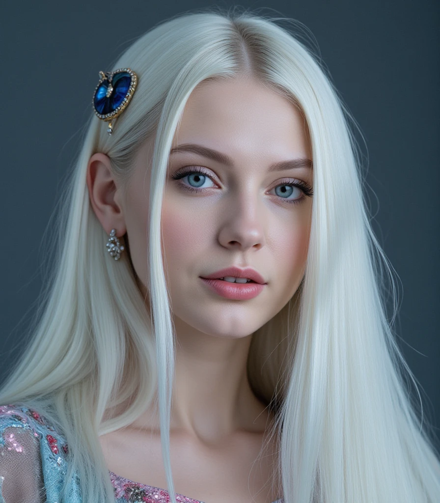 Here's a prompt for an ultra-high-quality portrait:
A serene, ethereal beauty with porcelain-white skin and snowy-white hair sits in warm, dreamy lighting against a matte background. Her blue eyes shine like sapphires, framed by lush lashes. Delicate features and a soft, gentle jawline create a sense of vulnerability. Hair strands caress her face, showcasing intricate textures and softness. In the style of Ben Bauchau or Jean Baptiste Monge, this ultra-realistic portrait captures the subtle nuances of human anatomy, with smooth, clean vector curves and volumetric lighting that creates depth and dimensionality. The overall effect is one of exquisite beauty, as if the subject is a delicate, otherworldly creature from a pulp adventure fantasy world. Incorporate ornate motifs reminiscent of Gustav Klimt's work, with bold color and dynamic gradients to create a masterpiece collection-worthy piece.