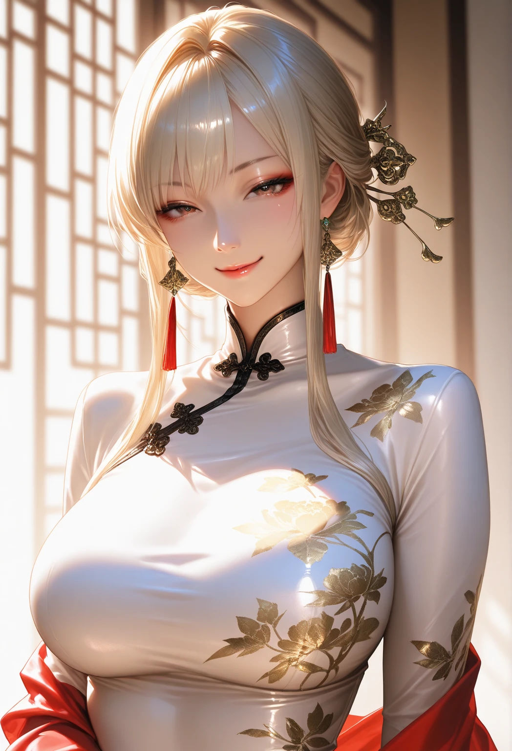 Jinah, a young Korean samurai woman in her twenties, possesses an imposing yet graceful presence. Her long hair, styled like that of a kunoichi, is platinum blonde. Her deep brown eyes, almost black, hold a wise and determined gleam. Her face is fine and well-defined, reminiscent of Korean K-pop idols. Her expression is serious but can soften in the presence of those she protects. Her skin is fair and pale. She has an athletic and well-proportioned physique, with a few pleasant feminine curves. She is dressed as an samurai. Ambiance sombre by Yang J, Guweiz, (best quality, 4k, highres, masterpiece:1.2), ultra-detailed, (realistic, photorealistic:1.37), HDR, UHD, studio lighting, ultra-fine painting, sharp focus, physically-based rendering, extreme detail description, professional, vivid colors, bokeh, portraits, landscape, horror, anime, sci-fi, photography, concept artists, vibrant color tones, atmospheric lighting