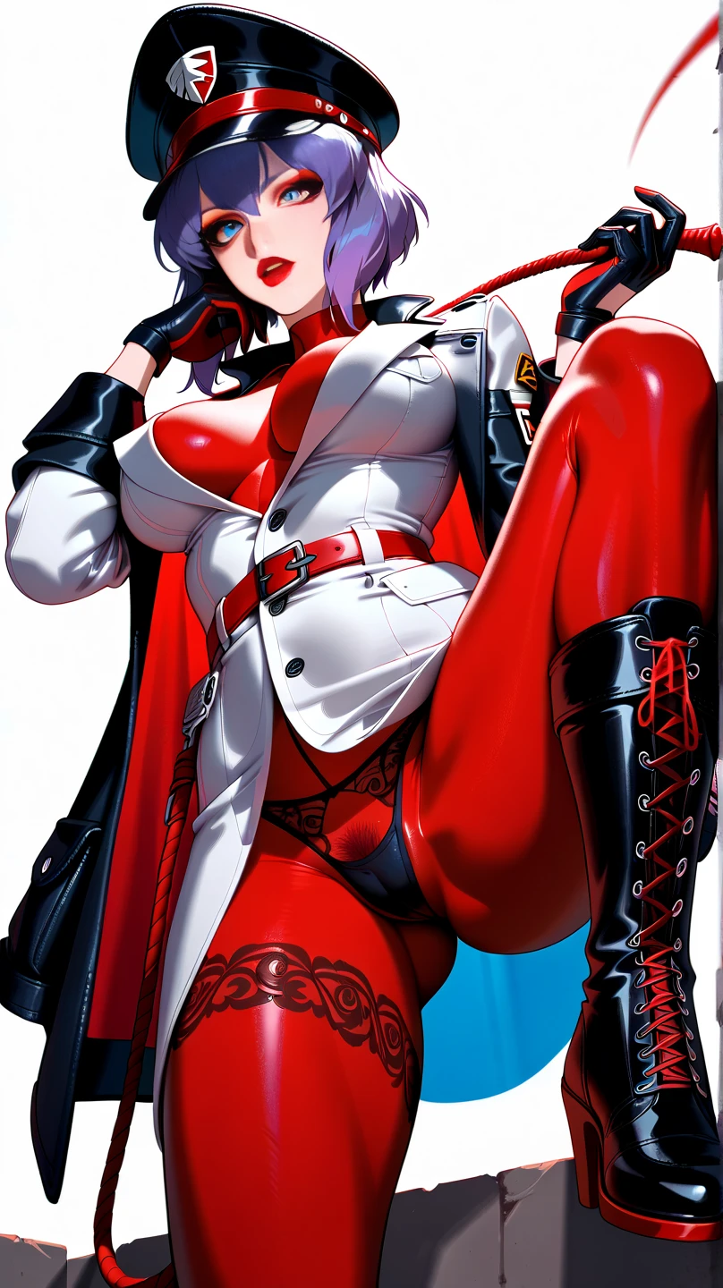 ((Highest quality)), ((masterpiece)), (Familiar), Hazy, Female,Mature Woman,Purple Hair, short hair, Low Ponytail, eye shadow, lipstick, Red eyes,Red suit shirt,Large Breasts,Erect nipples,I can see her cleavage,Red and black jacket, White tight skirt,Red Heels